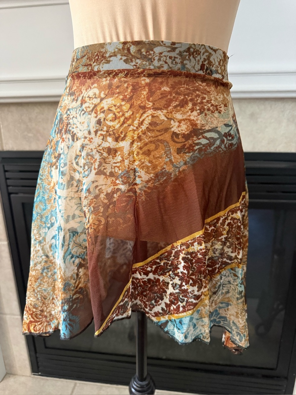 Printed Patchwork A-Line Skirt in Brown & Teal Sheer One Size